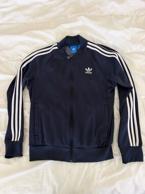 Adidas Navy Track Jacket with White Three-Stripes M Medium vtg